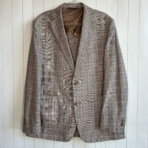 Paul Fredrick blazer sport coat size 44L linen cotton brown plaid double vented